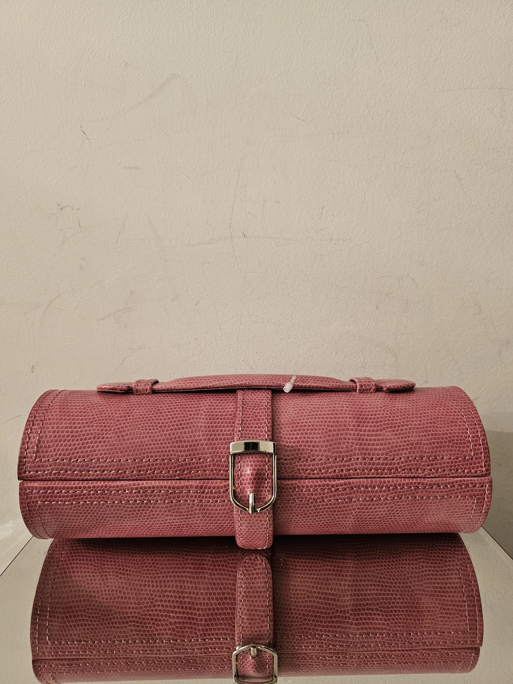 Textured Pink Cylindrical Clutch with Buckle Travel  Jewelery Case